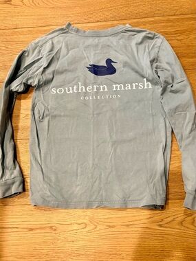 Southern Marsh youth large Long Sleeve Logo Tee - Dusty Blue with Navy Duck